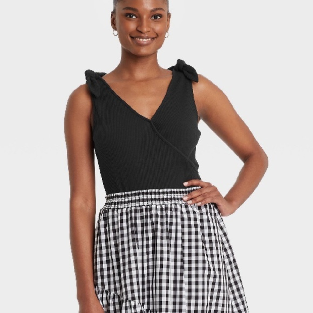 Who What Wear black ribbed wrap tank bow shoulder